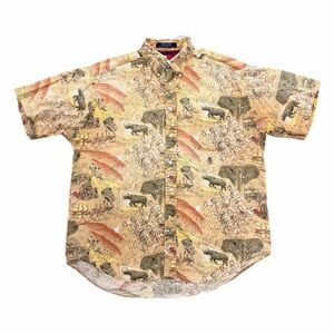 Vintage Tommy Hilfiger Shirt Mens Large Tan Linen Safari Animal Print 90s